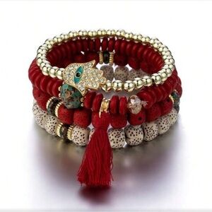 ✨NEW Elegant Red and Gold Beaded Bracelet Set